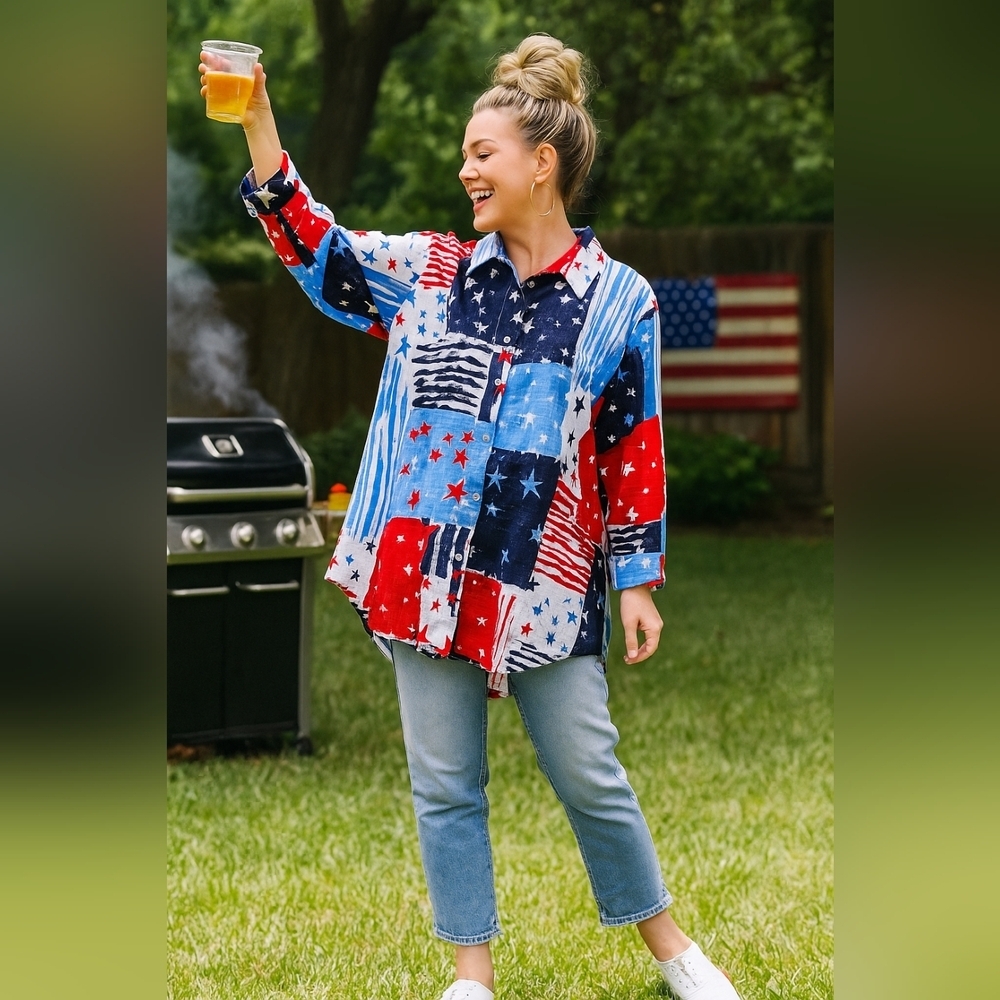 American Flag 2X Red White Blue 4th Of July Stars Patriotic Cotton Tunic Top New